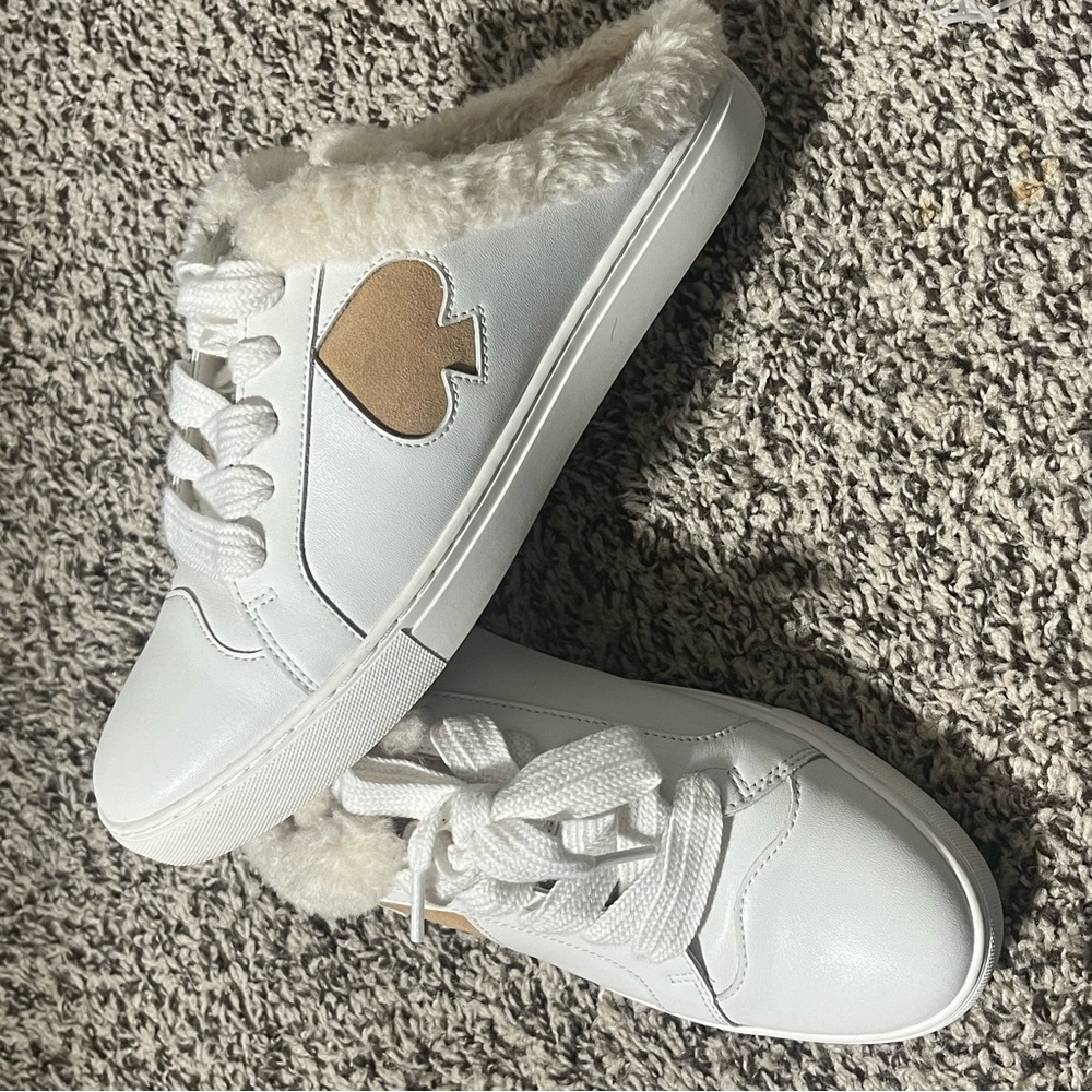 (EUC) Kate Spade Fez Mule Winter Lace-Up White and Tan Fur-Lined Sneakers Sz 10 - Picture 4 of 8
